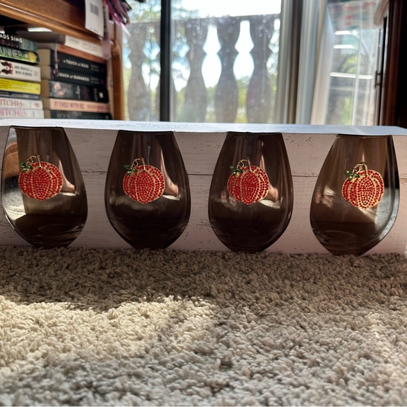 (LAST SET) NWT Haymarket Square Rhinestone Pumpkin Stemless Glasses HALLOWEEN - Picture 10 of 12